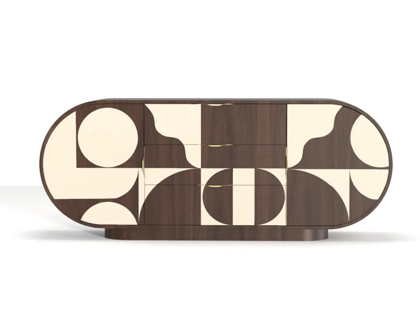 La credenza Hays presenta una forma ovale e un motivo in stile metà secolo sul frontale, realizzato in noce americano e laccato color crema.