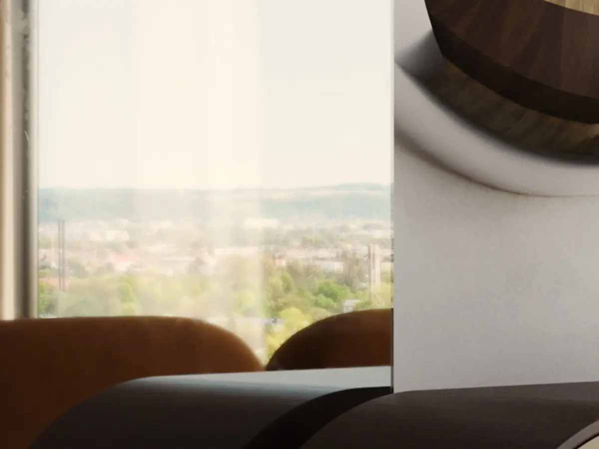 The Hays sideboard has an oval shape and a mid-century pattern on the front in American walnut and cream lacquer.