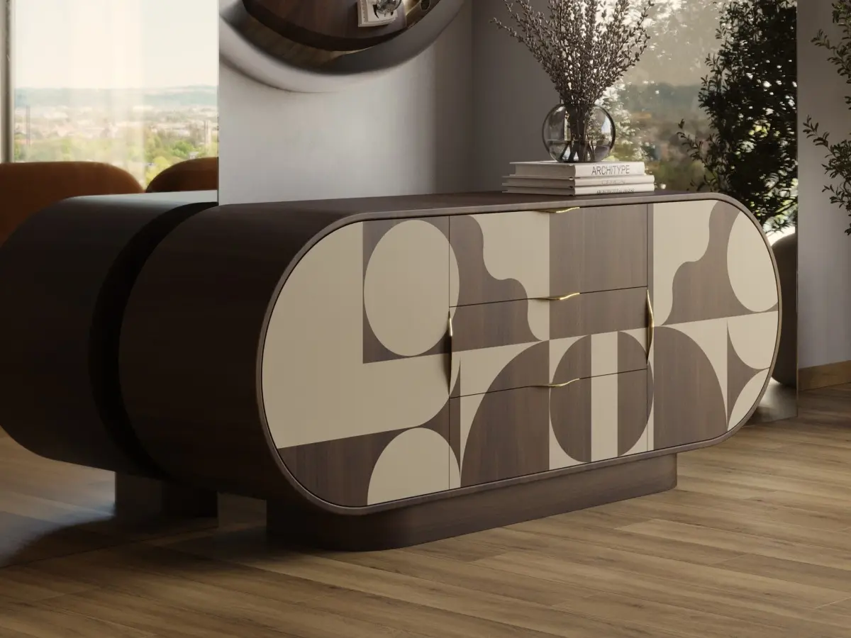 The Hays sideboard has an oval shape and a mid-century pattern on the front in American walnut and cream lacquer.