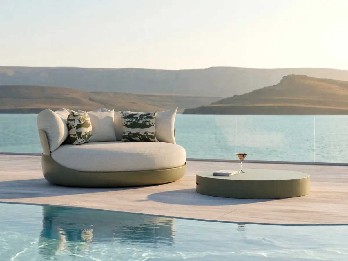 HARMONY Day Bed by GANSK on a poolside terrace overlooking the sea, paired with a low round coffee table and layered cushions