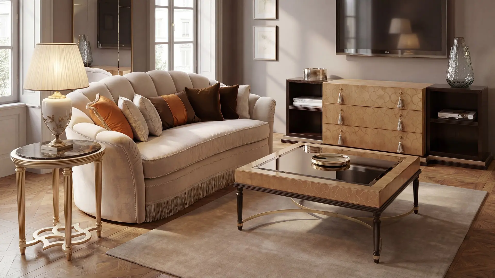 Mobile porta TV classico di lusso collezione Flora Marzorati in legno intagliato con vani a giorno.