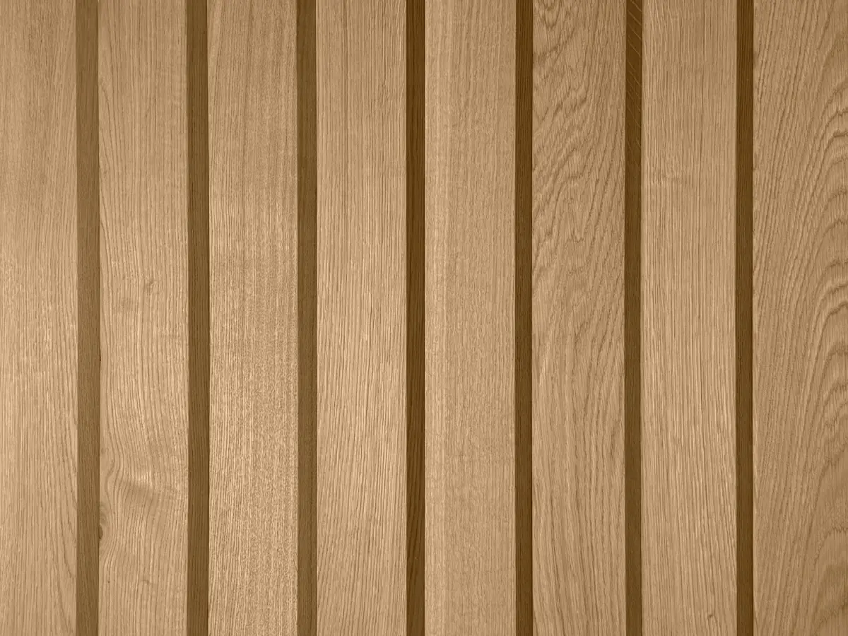 Sample of natural 3D oak wood slats in a vertical arrangement, featuring wide planks and narrow grooves.