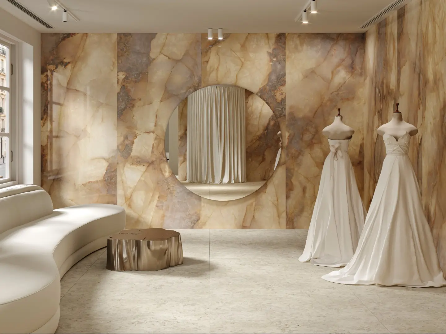 Modern room with mirror and amber marble-effect wall.