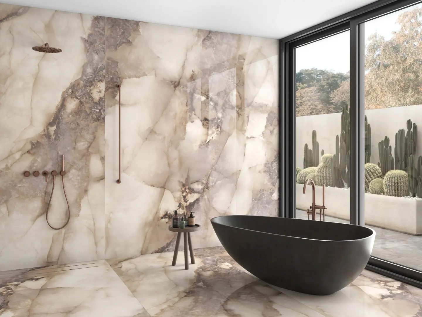 Modern bathroom with marble-effect walls and floor.