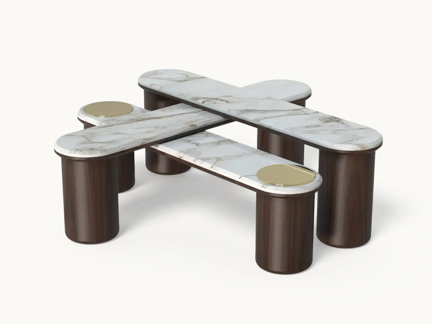 Tavolino Peggy, composto da distinti elementi ovali realizzati in noce americano, marmo bianco di Volakas e dettagli in metallo dorato.
