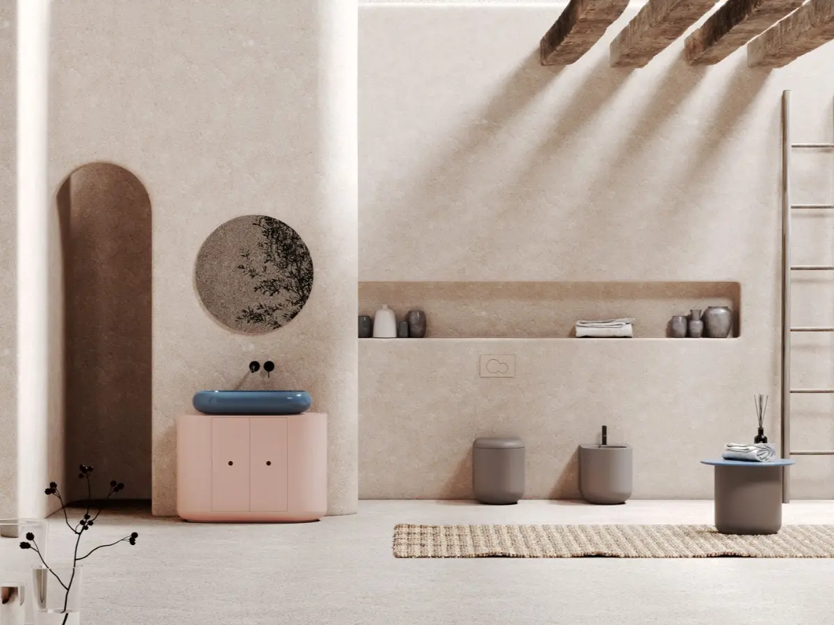 Collezione Petra sanitari a terra, mobile cm 100 in legno e lavabo appoggio