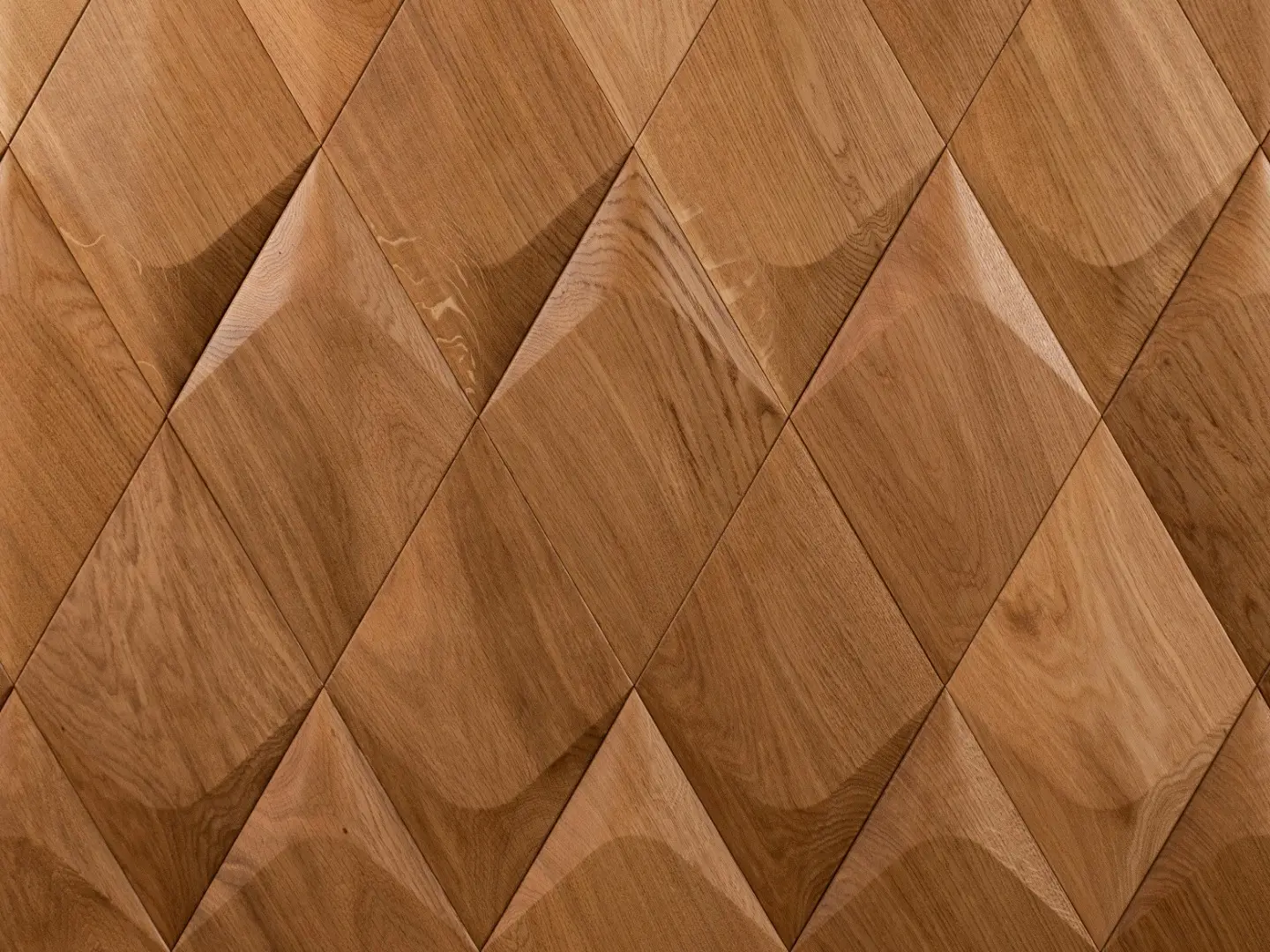 Texture detail of 3D oak wood wall panels in a diamond pattern, showcasing natural oak grain and three-dimensional edges.