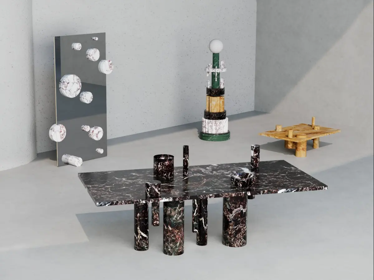 Collezione Pillar disegnata da Spinzi per Serafini, una collezione in marmo realizzata artigianalmente in Italia, ideale per qualsiasi ambiente di design