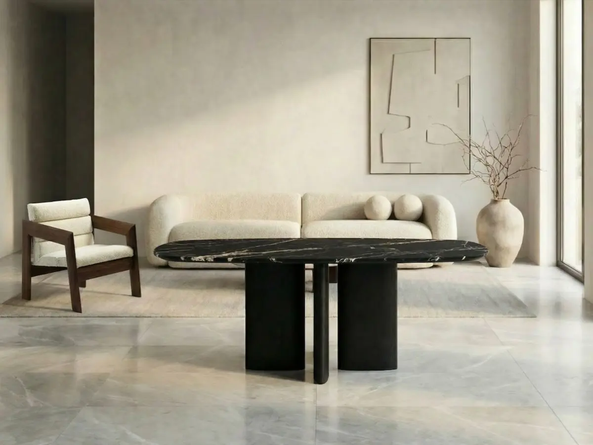 Marble dining table and walnut lounge chair