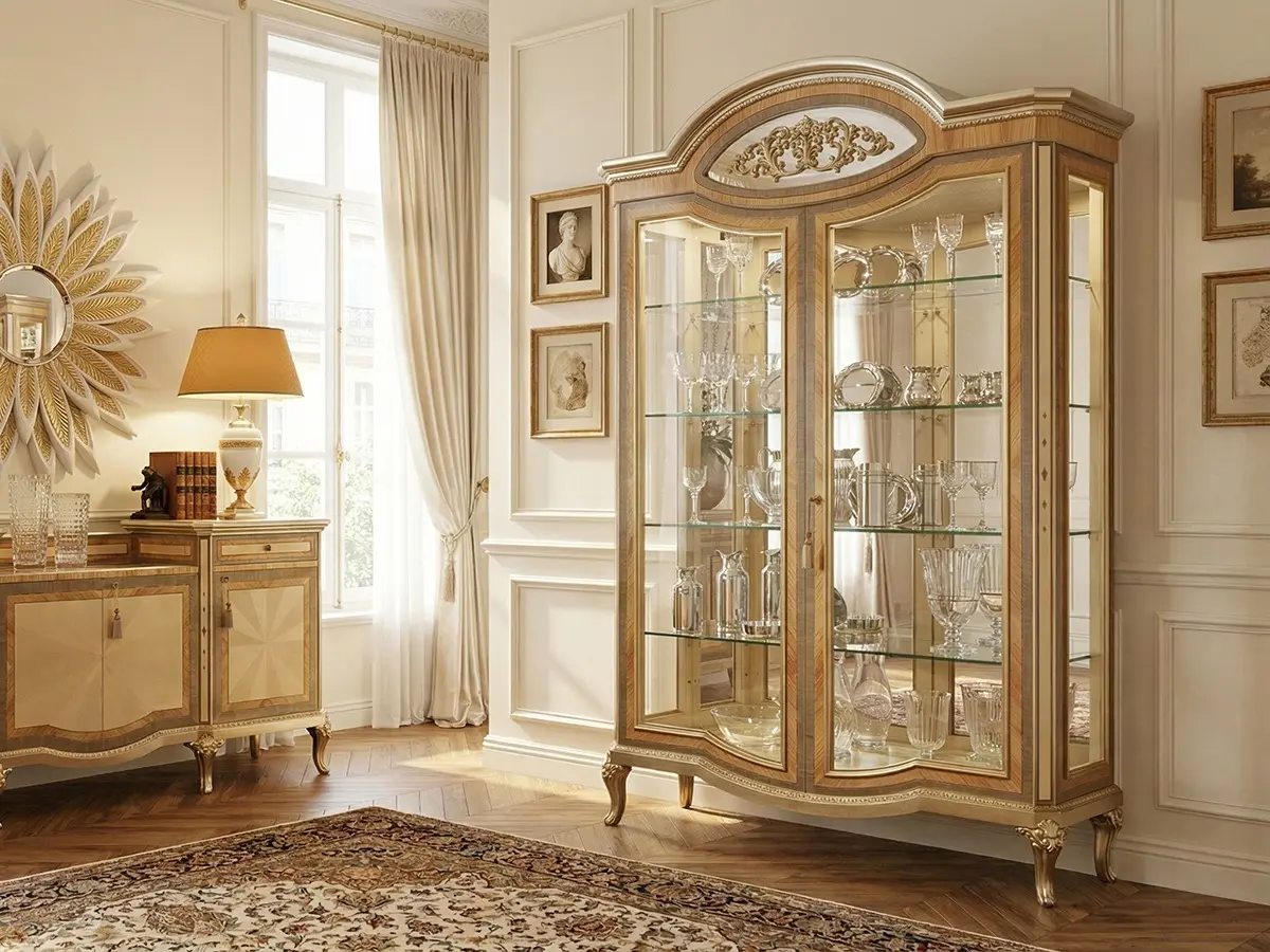 Marzorati Agnes 2-door display cabinet in maple and olive wood, neoclassical style.