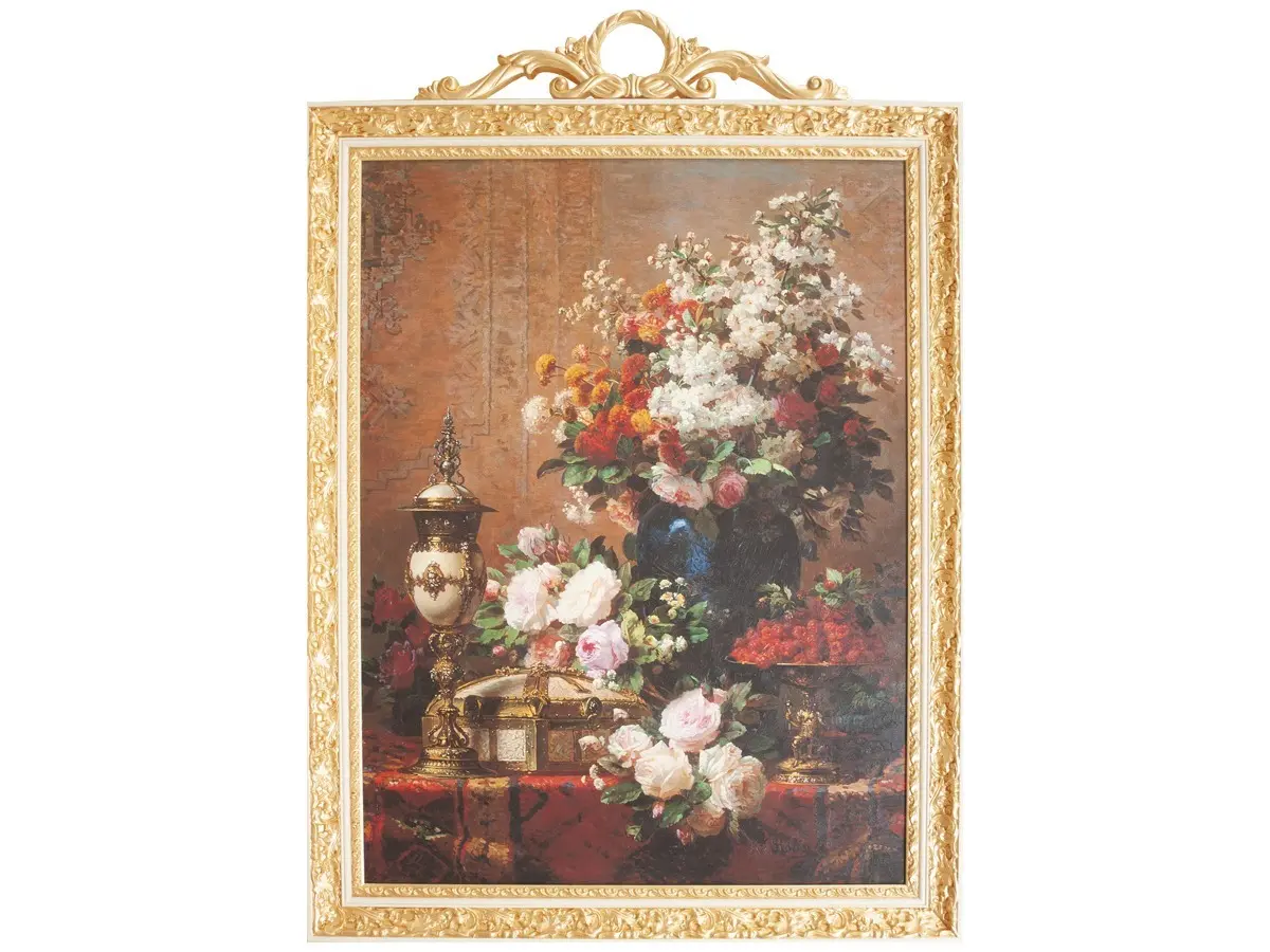 A finely crafted ivory-colored solid wood frame with elegant gold leaf details. The top is embellished with an elegant decorative frieze. It frames a delicate still life, ideal for classic and sophisticated settings.