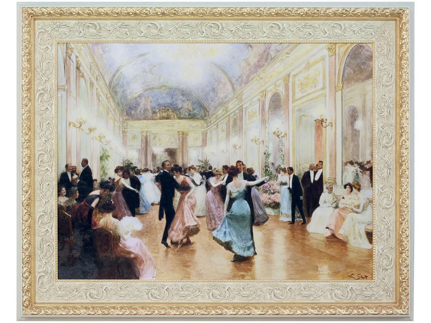An elegant frame crafted from solid wood, finely crafted and finished in ivory. The details are enhanced by a refined gilding, carefully applied to showcase the craftsmanship. The image enclosed in the frame depicts a charming dance scene from 19th-century Paris, evoking the elegant and lively atmosphere of the salons of the time. A decorative element of great charm, capable of combining art, tradition, and refinement.