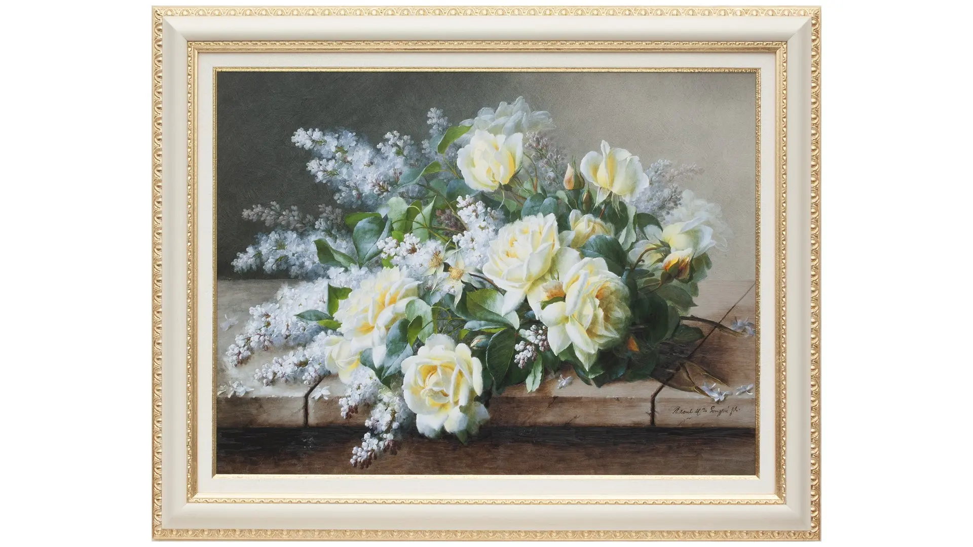 Cornice in legno massello di color avorio, con bordi finemente lavorati e decorati in foglia oro. All'interno è presente una seconda cornice, anch'essa avorio con profilo dorato, che crea un elegante effetto a doppio livello. L'immagine raffigura una composizione floreale classica di rose e lillà bianchi, delicata e armoniosa.