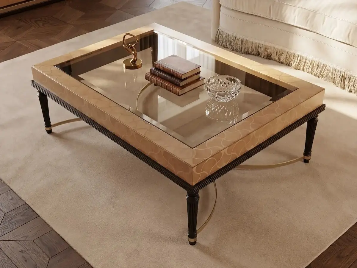 Tavolino rettangolare classico di lusso collezione Flora Marzorati in legno intagliato per soggiorno elegante