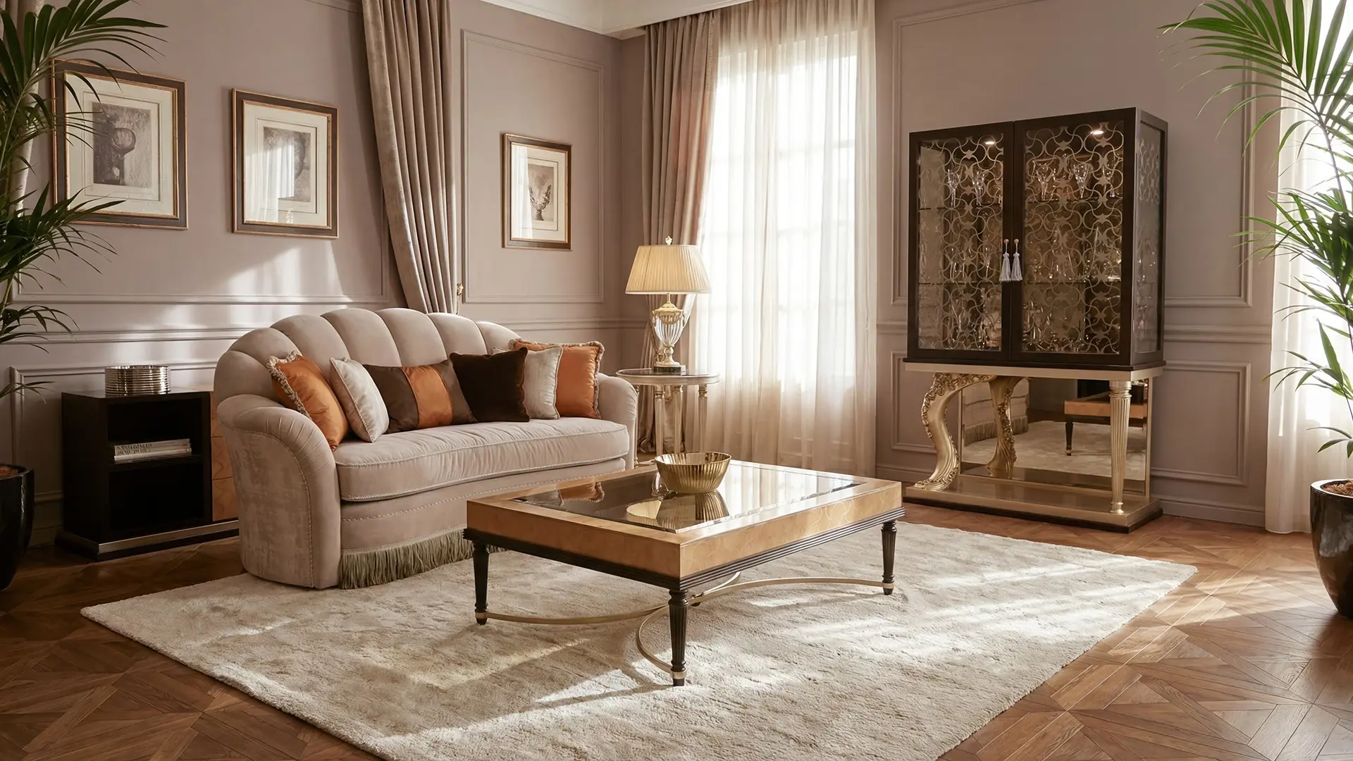 Vetrina classica a 2 ante collezione Flora Marzorati in legno pregiato e cristallo per soggiorno di lusso