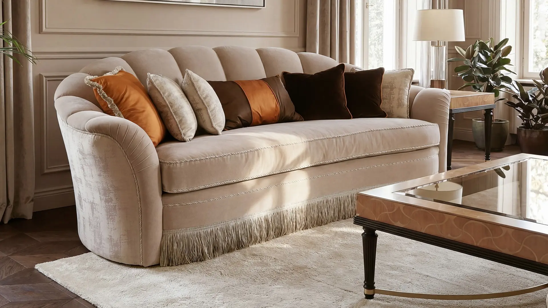 Divano 2 posti largo classico di lusso collezione Flora Marzorati in legno intagliato e tessuto pregiato.