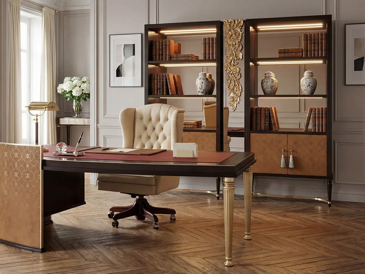 Libreria doppia classica di lusso collezione Flora Marzorati in legno intagliato con ripiani a giorno