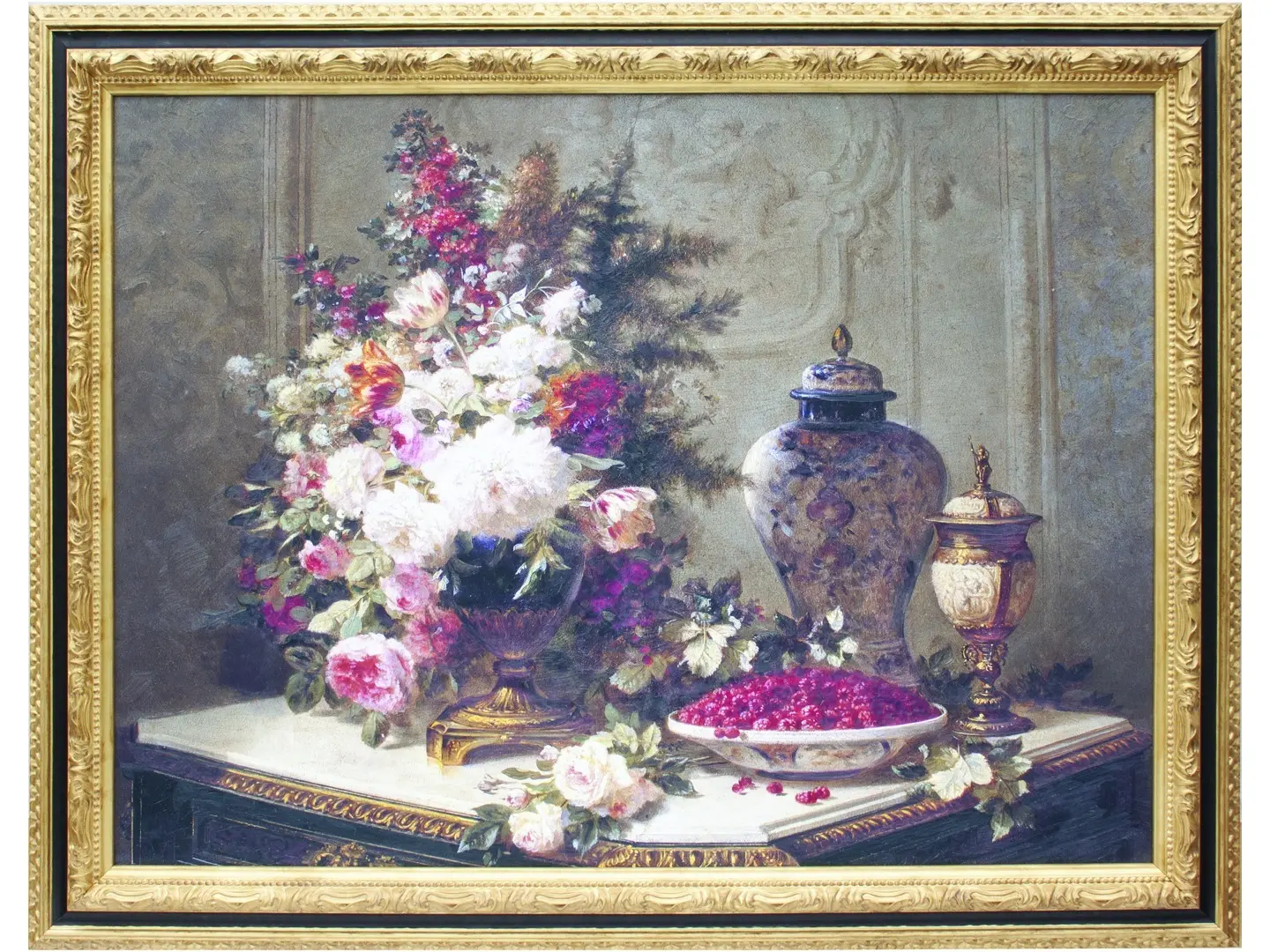 A still life depicting flowers and raspberries, arranged harmoniously and with meticulous attention to detail. The colors and composition convey delicacy and elegance. The work is housed in a solid black wood frame, sturdy and striking. Gilding on the finely crafted edges highlights the details, adds brightness, and creates an elegant contrast with the black wood. The overall effect conveys charm, balance, and refinement, making the work suitable for elegant spaces.