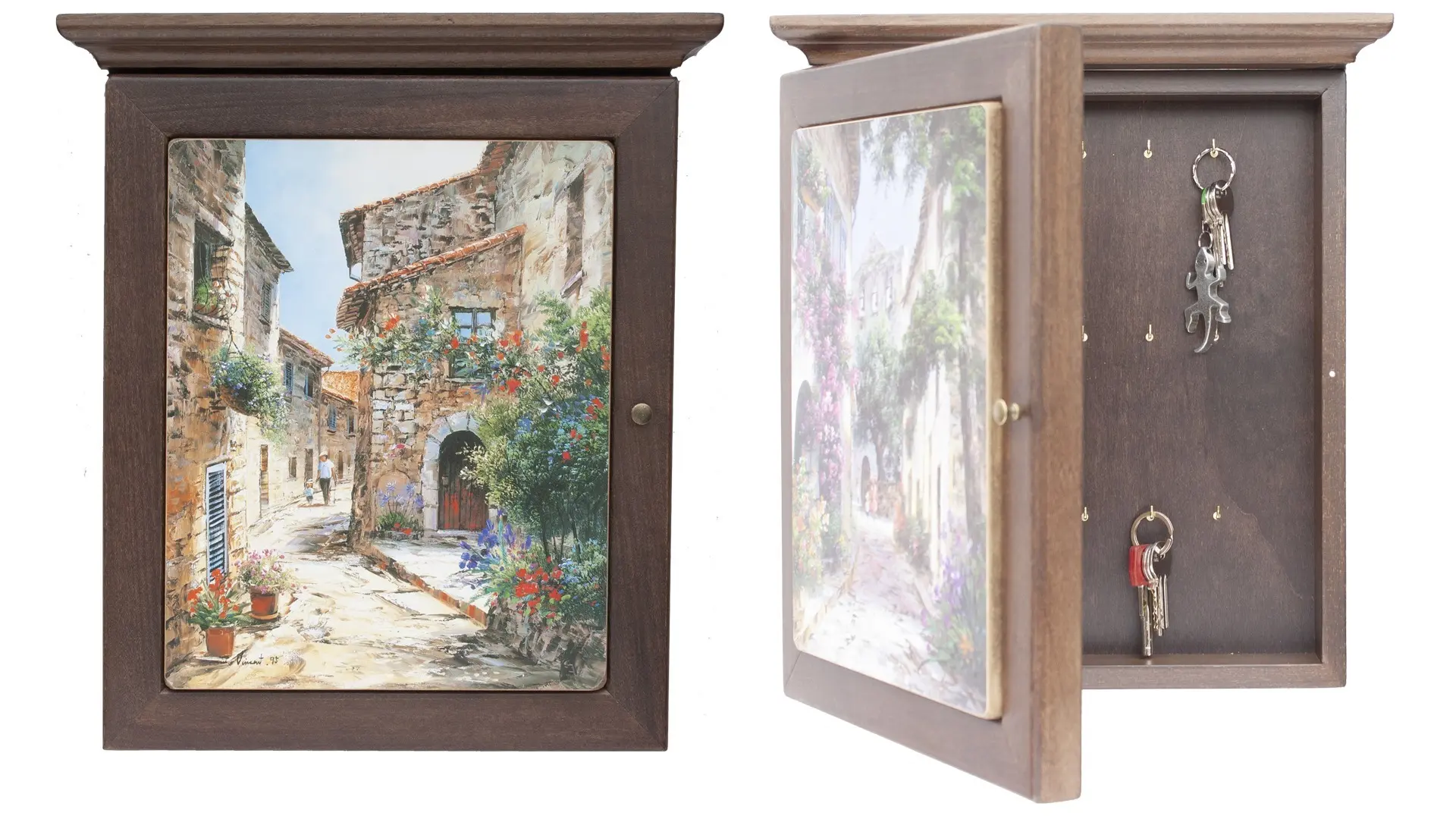 Elegant wall-mounted key holder made of solid wood with a walnut finish. From the outside, it looks like a decorative painting; inside, it hides practical hooks for organizing keys. It combines refined aesthetics and functionality, ideal for tidy and welcoming entryways.