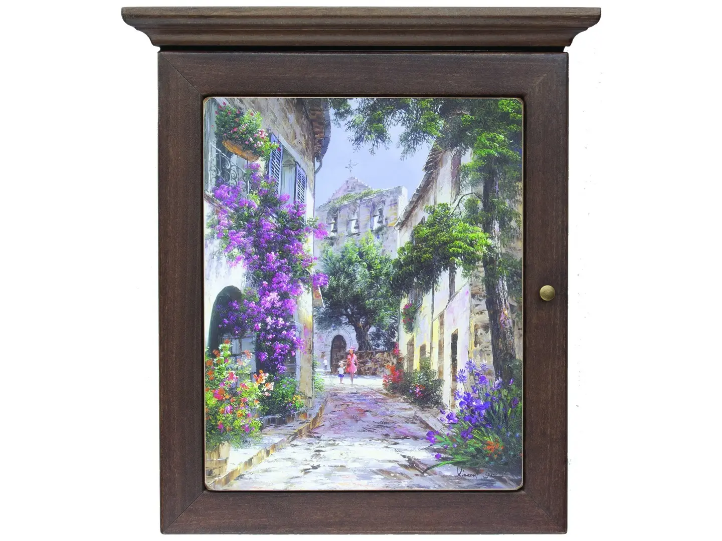 Elegant wall-mounted key holder made of solid wood with a walnut finish. From the outside, it looks like a decorative painting; inside, it hides practical hooks for organizing keys. It combines refined aesthetics and functionality, ideal for tidy and welcoming entryways.