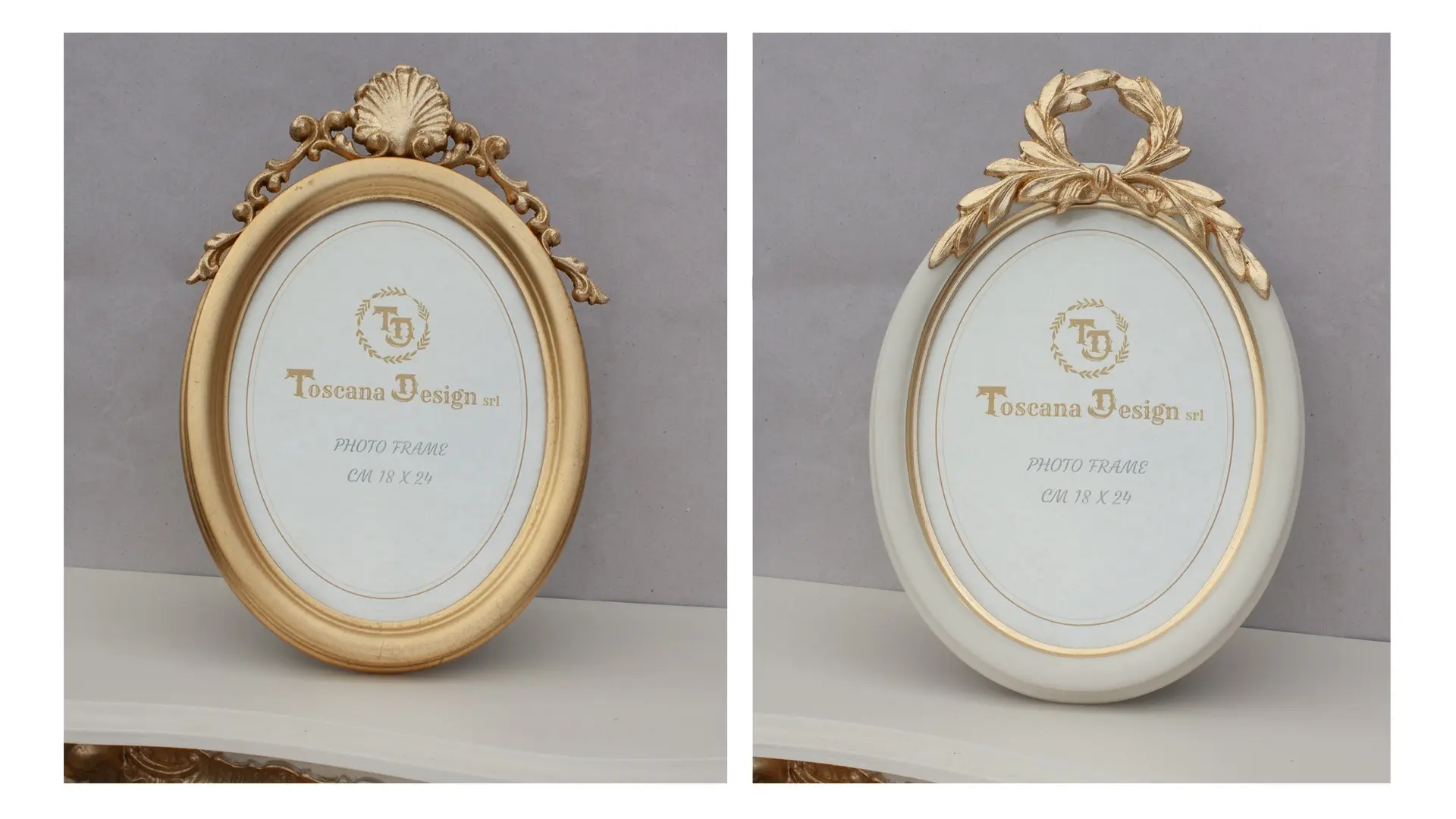 A pair of solid wood oval photo frames, sturdy and well-finished. One is ivory with gold accents, the other is completely gold-plated. Both feature a decorative top that adds an elegant touch. The rounded shape and smooth finish make them suitable for a variety of settings.