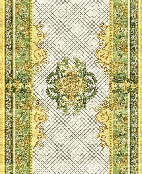 Rectangular classic-style rug featuring rich ornamental floral and arabesque patterns in shades of green, gold, and ivory. It has an elaborate decorative border with scrolls and flowers, while the central field is light with a diamond lattice pattern and three finely detailed symmetrical medallions aligned along the vertical axis.
