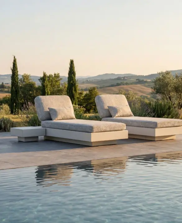 NORDIC Sun Bed by GANSK beside a pool, two low sun loungers with generous cushions on a terrace overlooking a countryside landscape.