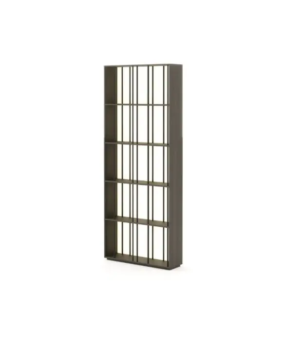 The Buren Bookcase is shown against a white background as a tall dark‑wood shelving structure defined by evenly spaced vertical and horizontal lines, creating a clean rhythmic grid that highlights its minimalist, architectural presence.