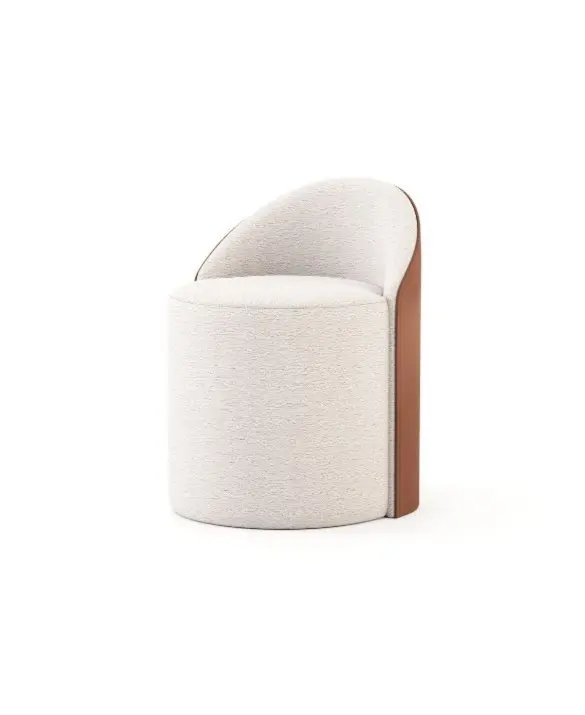 The Elis Stool is shown as a compact chair‑style stool with a cylindrical base and a small curved backrest, featuring light beige upholstery on the seat and front and smooth brown leather on the back and sides, creating an organic, softly rounded silhouette.