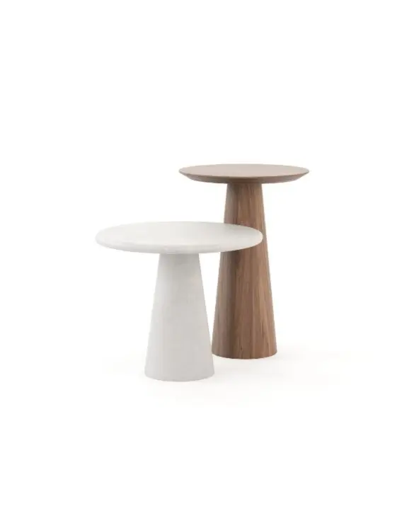 The Olivier Side Tables are shown against a white background as two round tables with softly curved tops and conical bases, one in light grey and the other in warm wood, their balanced silhouettes highlighting the gentle interplay of form, material, and modern simplicity.