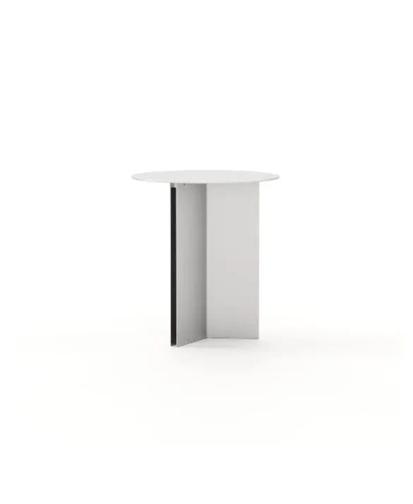 The Steel Side Table is shown against a white background as a round table with a smooth top and a cross‑shaped base, its clean geometry and light presence emphasizing the quiet elegance and restraint of its minimalist design.