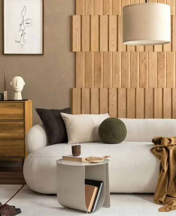 Sample of natural 3D oak wood slats in a vertical arrangement, featuring wide planks and narrow grooves.