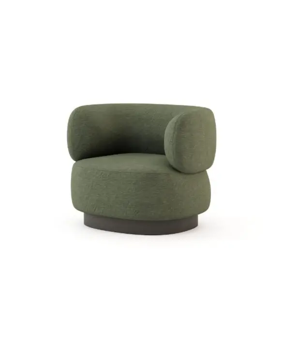 The Dolomites armchair is an upholstered chair with rounded shapes, covered in green striped fabric, featuring a thick, cylindrical seat, a curved, enveloping backrest and a dark circular base that emphasises its soft, sculptural form.