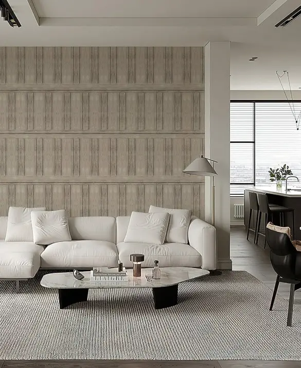 Close-up of natural 3D oak wood slats in a vertical arrangement, showcasing rhythmic texture and wood grain.