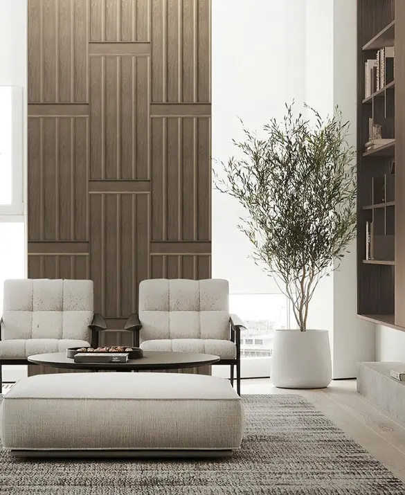 Luxury modern living room featuring a vertical 3D oak wood accent wall in a Linear pattern, light modular sofas, and panoramic windows.