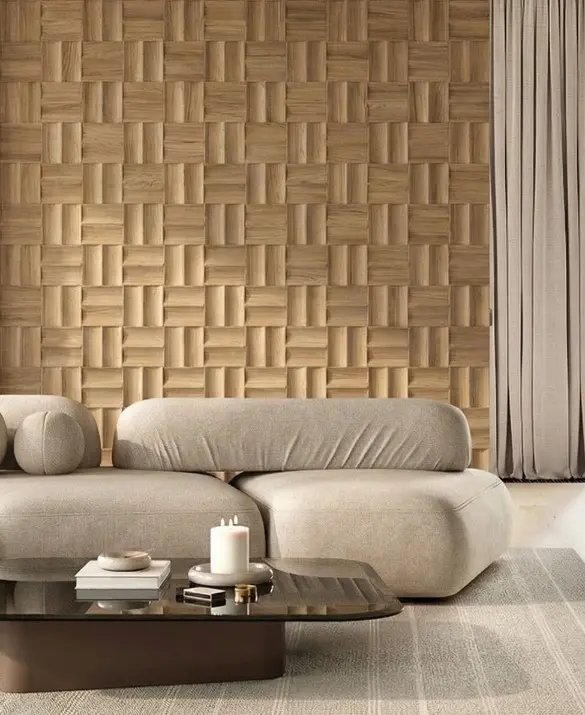 Close-up of natural 3D oak wood slats in a vertical arrangement, showcasing rhythmic texture and wood grain.