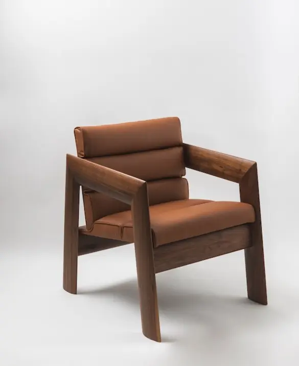 Lounge chair in walnut and brown leather