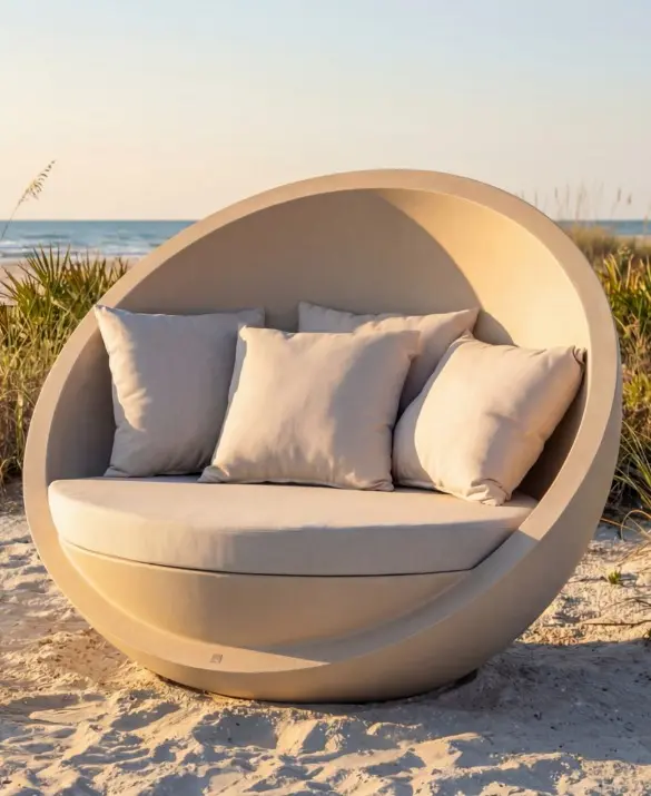 BOLA Sofa by GANSK on a sandy beachfront, a cocoon-like round lounge with plush cushions facing the sea.