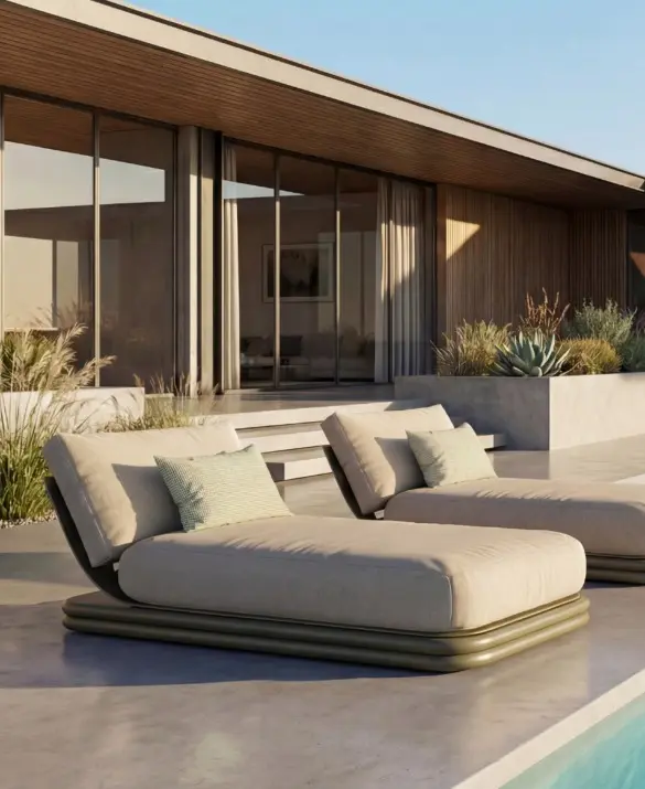 Two low-profile outdoor daybeds by a modern pool, with deep cushions and stacked base detailing.