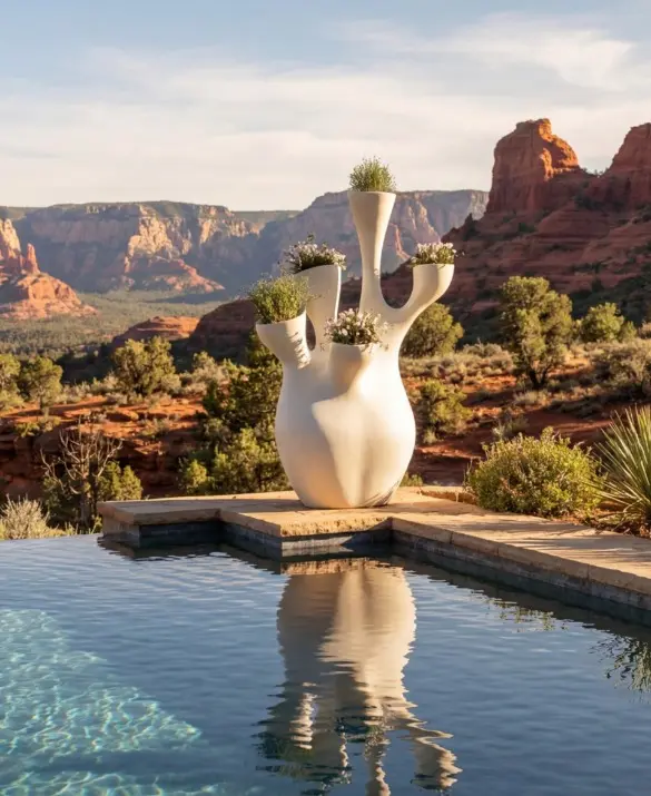 CORAL planter by GANSK beside an infinity pool, a sculptural multi-opening vessel filled with greenery against a canyon landscape.