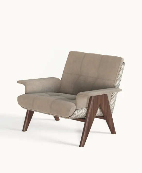 Harleton armchair by Muranti, fully upholstered including the arms, with an elegant contemporary silhouette and American walnut legs.