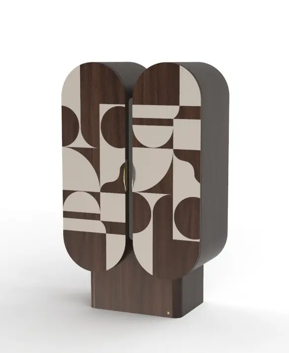 The Hays cabinet has two oval-shaped doors and is made of American walnut with a cream lacquer finish.