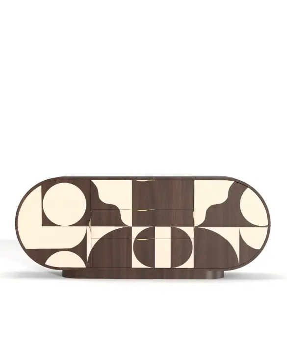 The Hays sideboard has an oval shape and a mid-century pattern on the front in American walnut and cream lacquer.