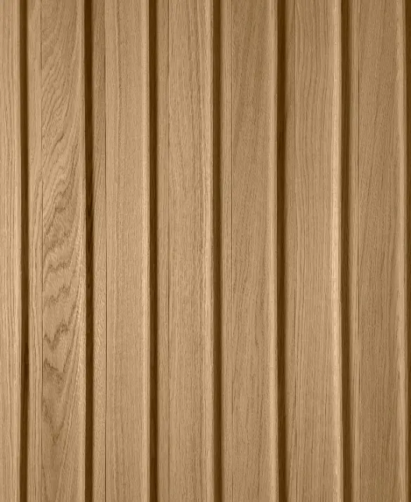 Close-up of natural 3D oak wood slats in a vertical arrangement, showcasing rhythmic texture and wood grain.