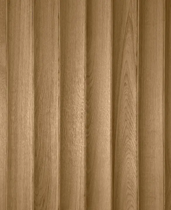 Close-up of natural 3D oak wood slats in a vertical arrangement, showcasing rhythmic texture and wood grain.