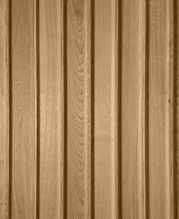 Sample of natural 3D oak wood slats in a vertical arrangement, showcasing the rhythmic texture of vertical planks.