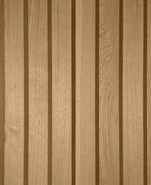 Sample of natural 3D oak wood slats in a vertical arrangement, featuring wide planks and narrow grooves.