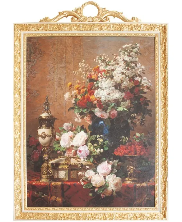 Natura morta con raffinata cornice di legno massello di colore avorio e oro