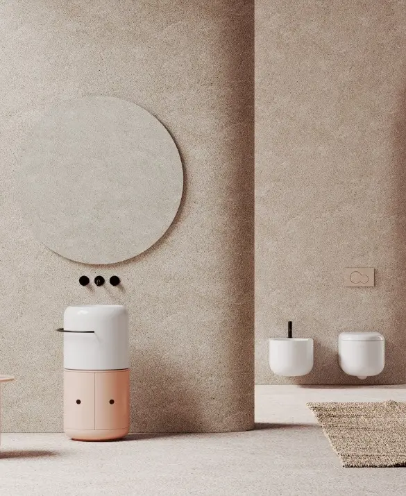 Ambiente Petra con sanitari sospesi e mobile in alluminio e lavabo da appoggio in Cipria matt