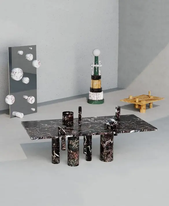 Collezione Pillar disegnata da Spinzi per Serafini, una collezione in marmo realizzata artigianalmente in Italia, ideale per qualsiasi ambiente di design